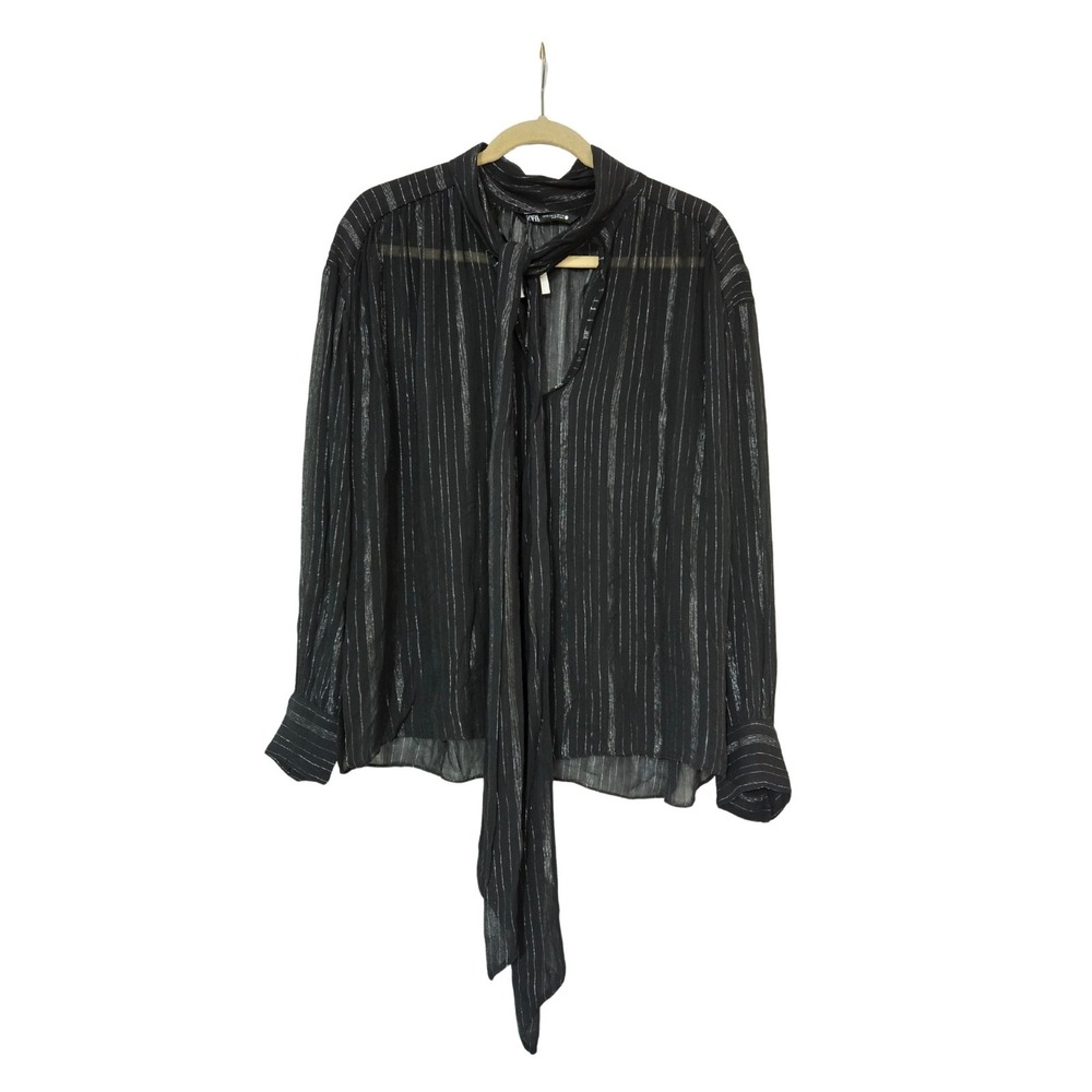 Zara ZW Collection Metallic Thread Semi-sheer Tie Neck Blouse Black Sz M NWT - Picture 2 of 8
